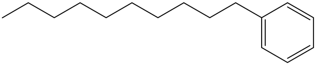 Linear Alkyl Benzene chemical structure C6H5-CnH2n+1 with n=10-13 alkyl chain, LAS sulfonation precursor molecular diagram